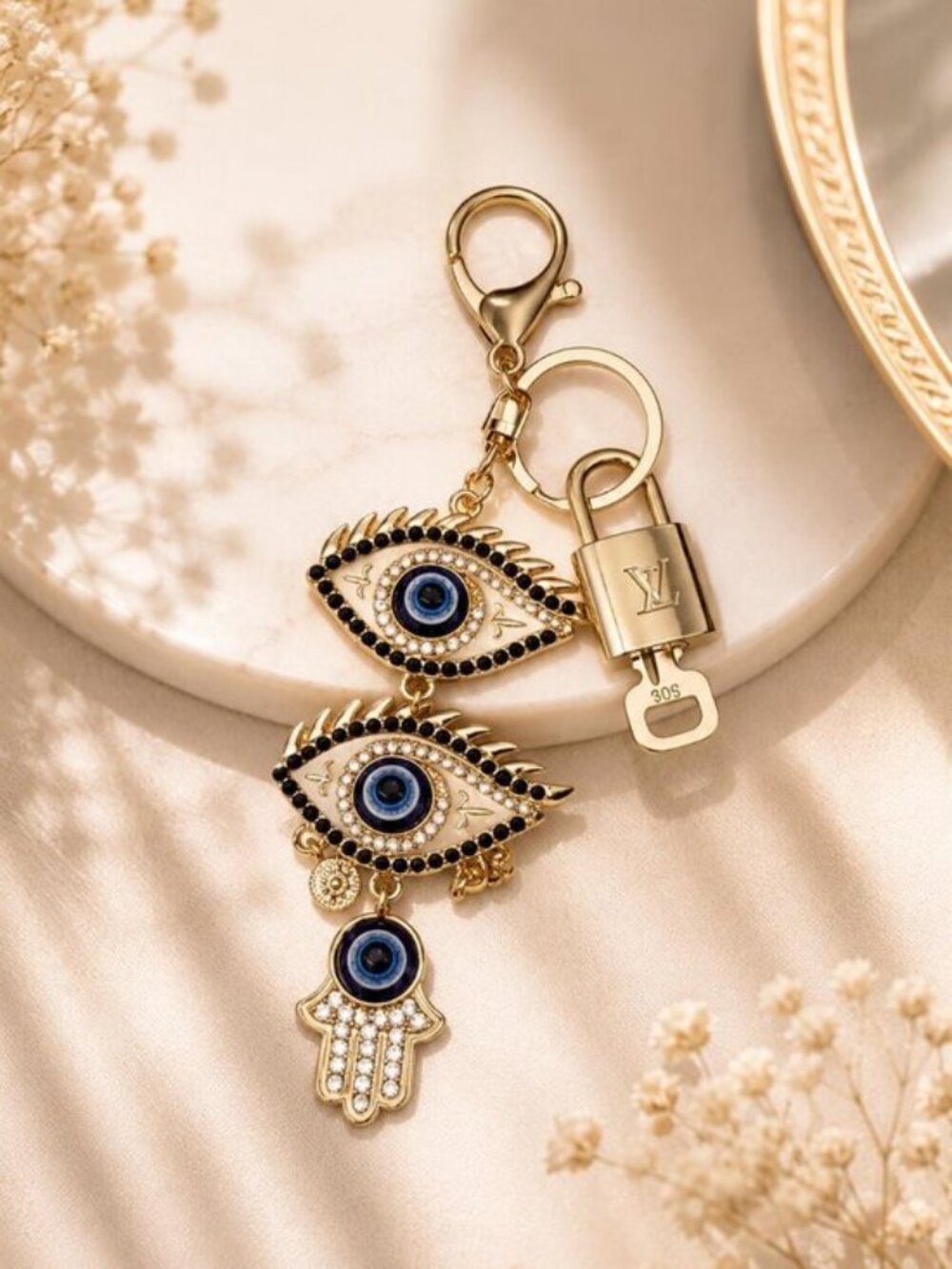 LV Authentic Gold Padlock 🔒 Key Set w/ Unbranded Evil Eye Keychain Charm